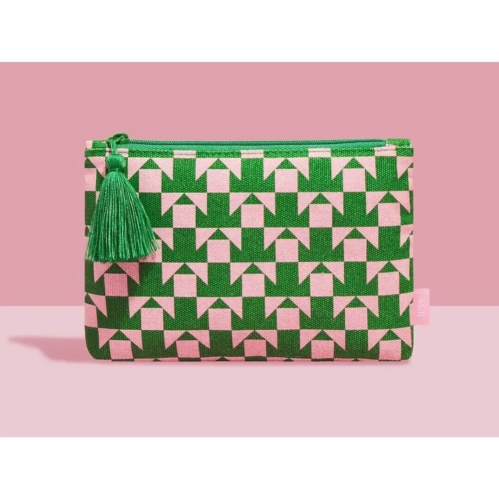Green Pink Canvas Fabric Makeup Bag Case Zipper Travel Pouch Boho Clutch Wallet